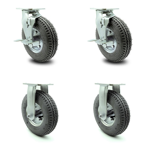 Service Caster 8 Inch Gray Pneumatic Wheel Caster Swivel with Brake Swivel Lock 2 Rigid, 2PK SCC-100S280-PNB-GRY-TLB-BSL-2-R-2 - main